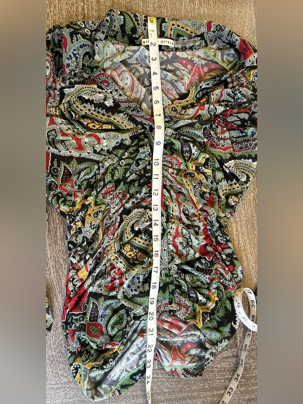 Alice + Olivia Multicolor Stretch Mesh Paisley Ruched Button-Front Top - Picture 6 of 8